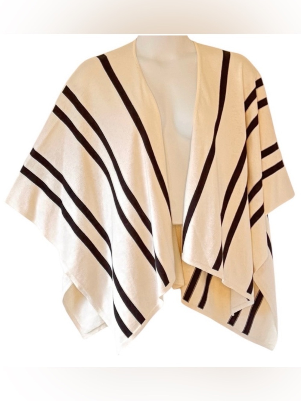 Talbots Ruana Ruana Wrap Sweater White Black Stripe One Size Shawl Artsy Coastal
